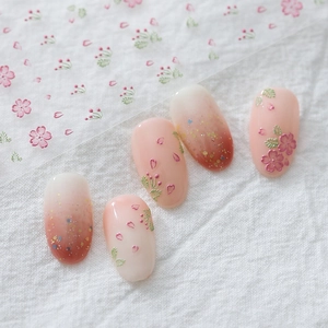 Minimalist Japanese 5D cherry blossom nail stickers with gradient pink and glitter finish