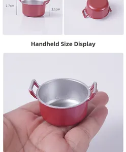 Miniature red dollhouse soup pot with handles and dimensions showing handheld size display