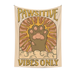 Bohemian cat paw tapestry with Pawsitive Vibes Only slogan and vintage sun rays