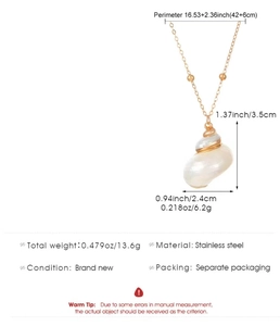 Detailed size chart of gold spiral shell pendant necklace with stainless steel chain