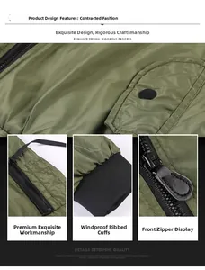 Detail view of military green bomber jacket with windproof ribbed cuffs and metal zipper