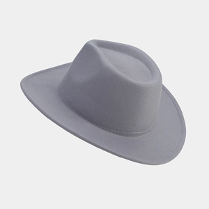 Detailed view of the gray wide-brim wool fedora hat with reinforced stitched edge