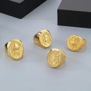 Jesus Sacred Heart Signet Ring Titanium Stainless Steel Gold Plated Relief Portrait Cross Vintage Hip Hop Jewelry For Men
