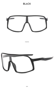Detailed views of black oversized cycling sunglasses from front and side perspectives