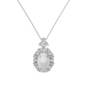 Elegant S925 sterling silver jewelry set featuring oval white jade and halo diamonds