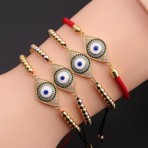 Turkish Evil Eye Adjustable Bracelet Copper Cubic Zirconia Pave Charm Handmade Braided Rope String Jewelry Women
