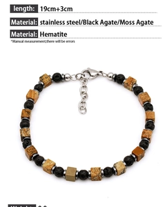 Detail of beaded bracelet featuring lava stones, moss agate, and stainless steel clasp