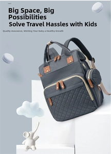 Close-up of a dark grey diaper backpack with quilted front pocket and round coin pouch