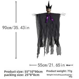 Detailed view of Halloween hanging ghost with dimensions 55x10x90cm and product weight