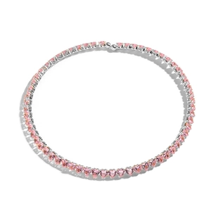 Detailed close-up of a silver choker necklace with pink heart-shaped gemstones
