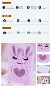 Detail of purple plush rabbit notebook featuring soft faux fur and embroidered heart design