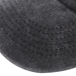 Macro shot of 1987 baseball cap brim with multi-row stitching on washed grey fabric