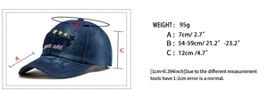 Size guide for denim baseball cap with resort embroidery showing 54-59cm head circumference