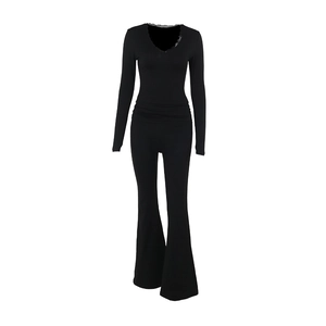 Women's black V-neck lace trim long sleeve jumpsuit with flared legs for a casual chic style