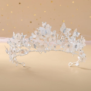 Baroque bridal crown with silver butterflies, crystal flowers and elegant white pearls