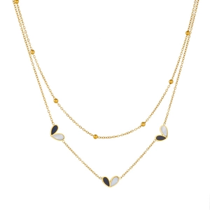 Double-layer gold stainless steel necklace with black and white heart pendants