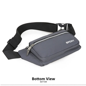 Detailed bottom view of a durable gray sports waist bag with adjustable black buckled strap