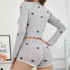 Grey knit pajama set with heart print and ruffled lettuce edges for women lounge wear