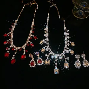Luxe square crystal fringe necklace and teardrop earrings set in gold and silver plating