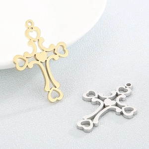 Stainless Steel Cross Pendant Hollow Heart Charm For DIY Jewelry Making Necklace Earring Accessories Religious Style