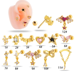 Set of gold stainless steel cartilage earrings with zirconia butterfly and wing designs