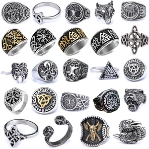 Viking Ring Stainless Steel Celtic Knot Tree Of Life Vegvisir Valknut Rune Retro Nordic Jewelry For Men Women