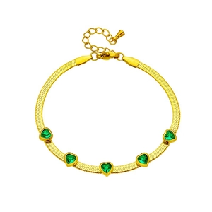 Gold snake chain bracelet with five green heart-shaped gemstones on white background
