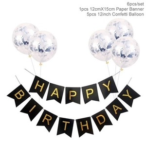 Detail of Happy Birthday gold foil banner and five 12-inch clear sequin balloons set