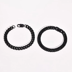 Polished black stainless steel Cuban link bracelets in flat lay display for hip hop style