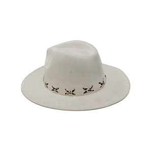 Detail of off-white wide brim fedora with leopard print band and X-stitch embroidery