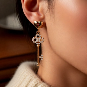 Detail of 18k gold heart lock and key drop earrings with sparkling rhinestones on model