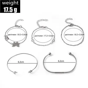 Detailed size guide for 5pcs bohemian silver bracelet set with butterfly and crystal charms