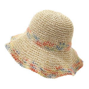 Women's wide brim straw sun hat with colorful stripes for summer beach vacation