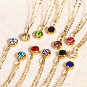 Geometric Round Birthstone Necklace Gold Plated Stainless Steel Cubic Zirconia Pendant Simple Fashion Jewelry Gift For Women