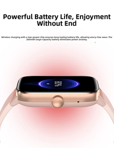 Detail view of pink smart watch wireless charging feature with 260mAh battery capacity