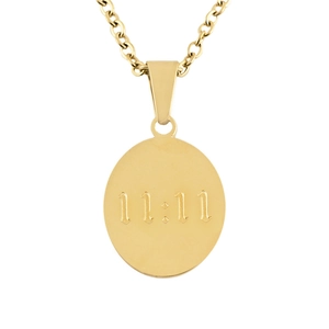 Macro shot of gold stainless steel necklace pendant with detailed 11:11 engraving