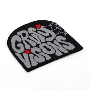 Bonnet en maille noire avec graffiti Grim Visions, étoiles rouges et motif toile d'araignée