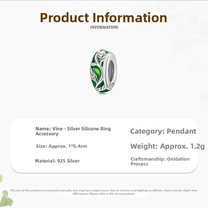Detail of S925 sterling silver vine charm with green enamel leaves and dimensions