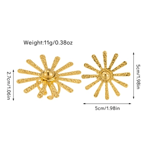 Detail view of adjustable gold floral ring with starburst texture and size measurements
