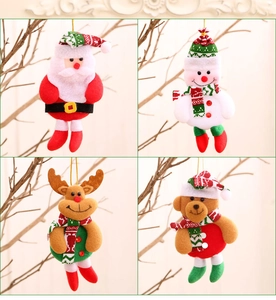 Detail view of plush Christmas ornament set with Santa, snowman, reindeer and bear designs