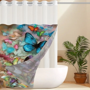 Waterproof butterfly art print shower curtain with double metal rings for bathroom