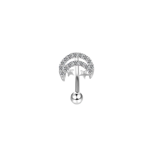 Silver stainless steel curved barbell eyebrow ring featuring sparkling moon and stars