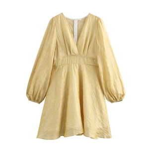 Robe Mini Élégante Pour Femmes Avec Col En V Manches Lanternes Texture Jacquard Taille Haute Fermeture Éclair