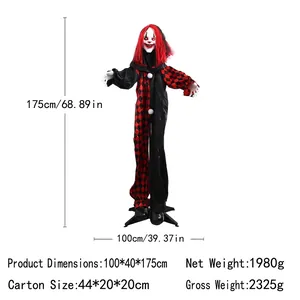 Standing Halloween clown prop 175cm tall with red hair and checkered costume decor
