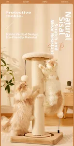 Detailed view of sisal rope scratching post with spring cat toy and stable wooden base