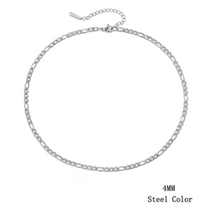 Detail of 4mm steel color Figaro chain necklace with lobster clasp and extension