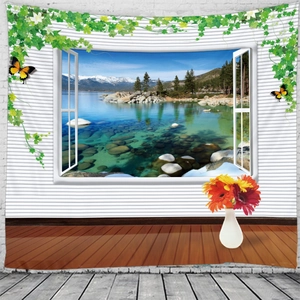 Detail showing the 3D window view tapestry with snowy mountain and lake scenery