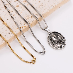 Classic religious Jesus portrait pendant necklace in gold and silver finish with box chain