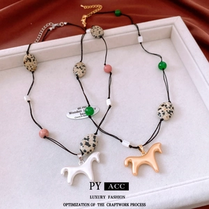 Collier Pendentif Cheval Perles En Pierre Naturelle Corde Tressée Ajustable Bijoux Style Ethnique Vintage Pour Femmes