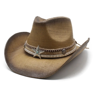 Western Cowboy Straw Hat Vintage Ethnic Style With Metal Star Turquoise Buckle Wide Brim Breathable Sun Hat For Travel